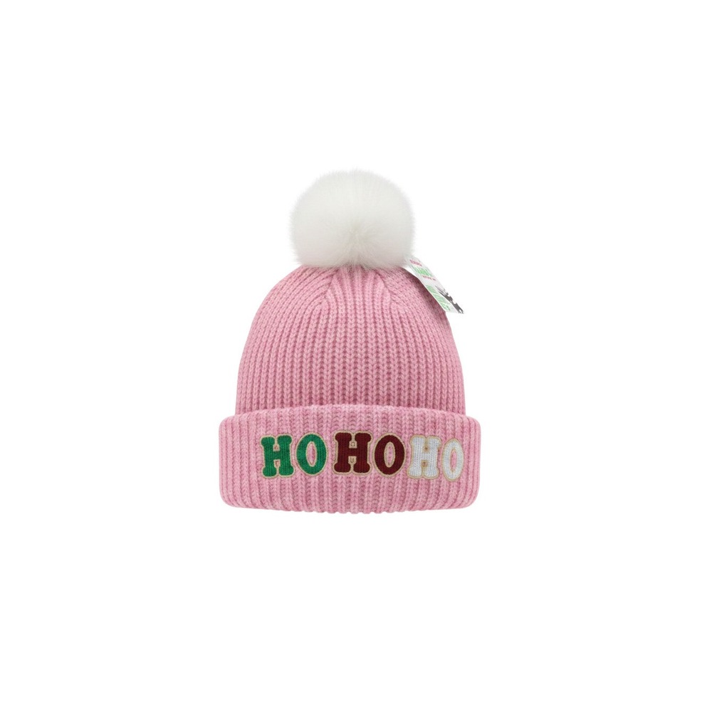 Claire's Beanie Hat Ladies One Size Pink Ho Ho Ho Christmas Pom Pom Ribbed
